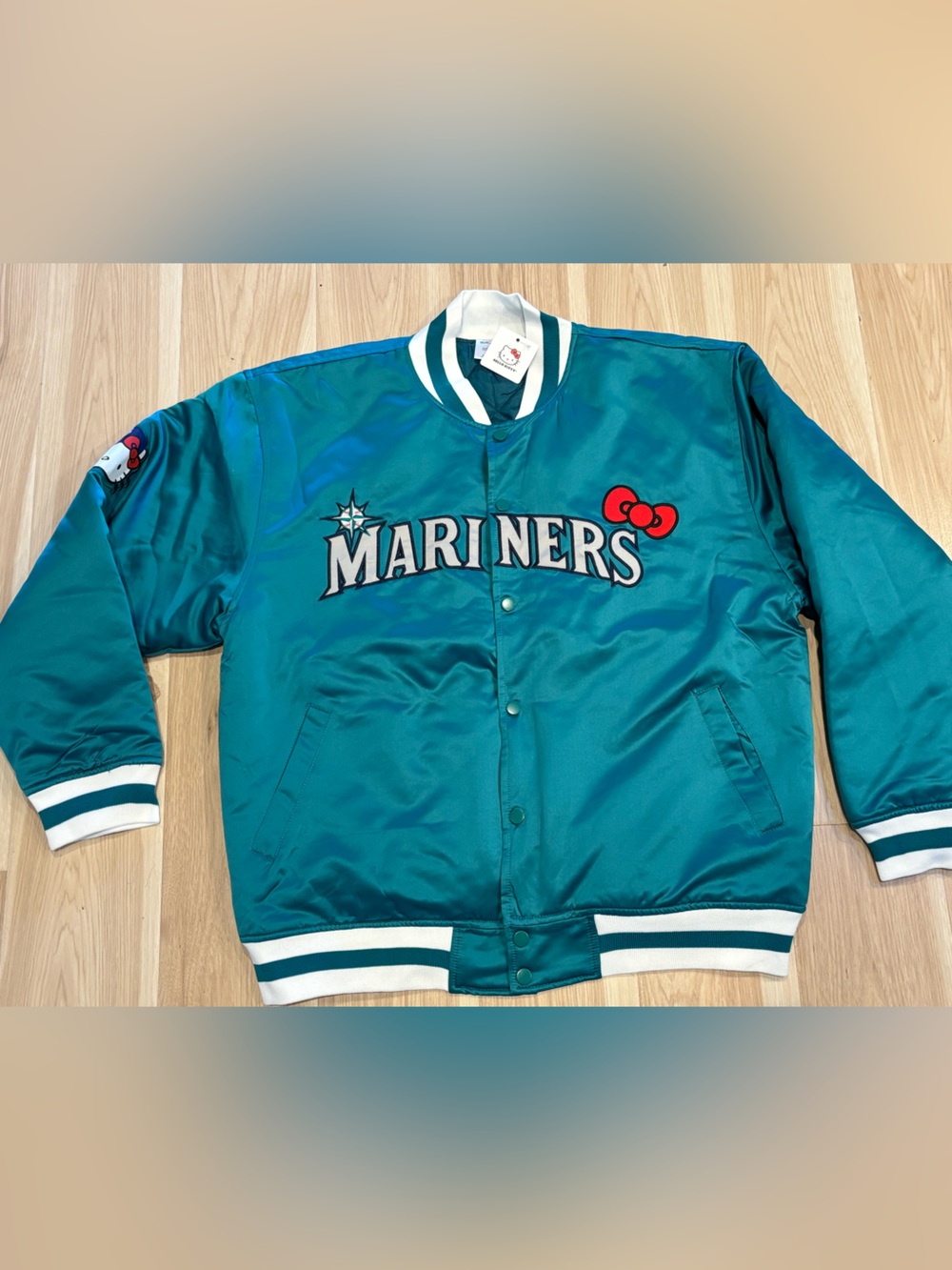 Seattle Mariners Hello Kitty Teal Satin Bomber Jacket Size XXL MLB Unisex